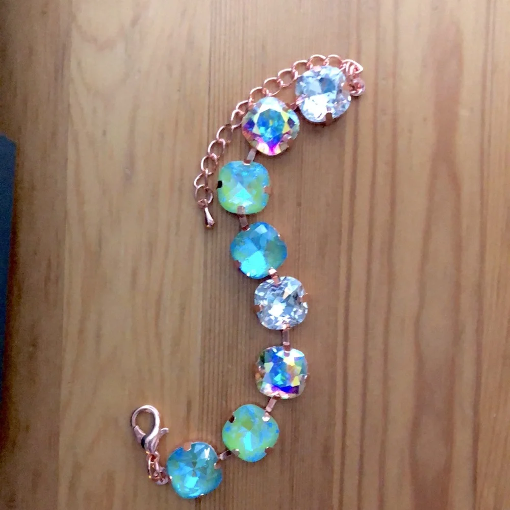 Aquamarine + Peridot AB Cushion Rose Gold Crystal Tennis Bracelet - Picture 6 of 11